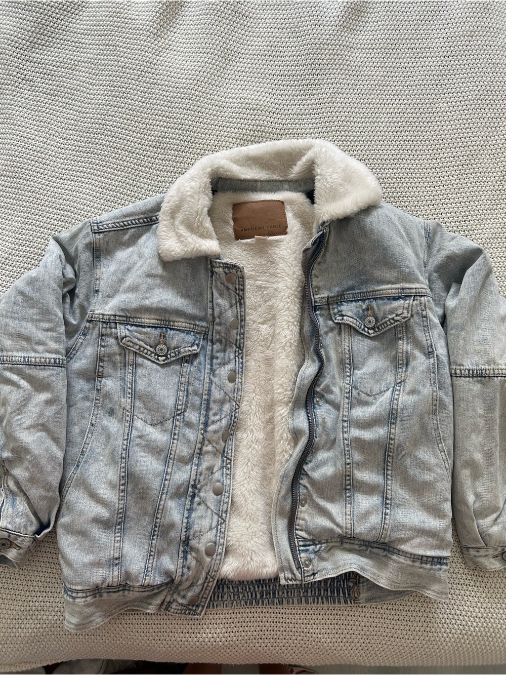 American Eagle Outfitters Light Wash Denim Jacket with White Sherpa